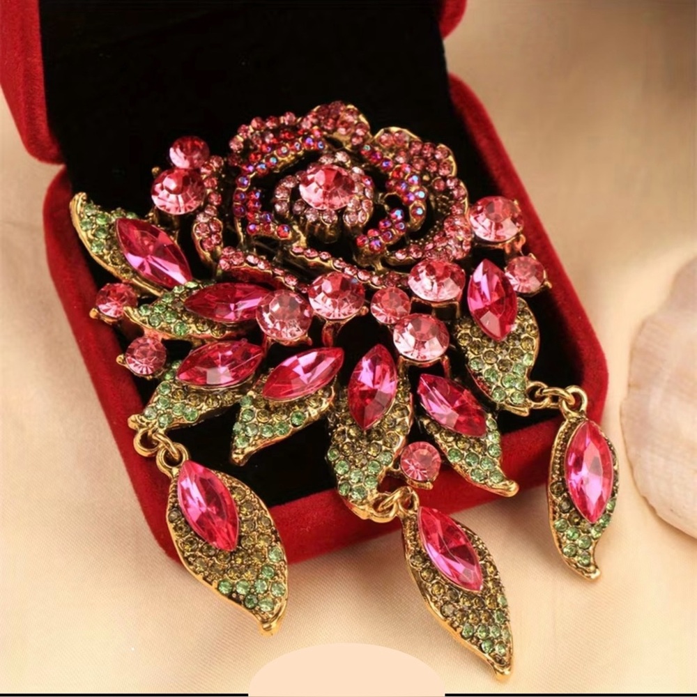 Intricate Pink Bejeweled Floral Brooch Necklace